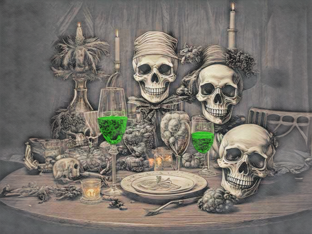 Two festive Christmas Cocktails with three decorated skulls sitting at an intricately set dining table adorned with vintage-style candles.